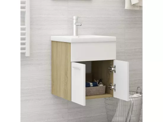 Armoire d'évier Blanc et chêne sonoma Bois d’ingénierie
