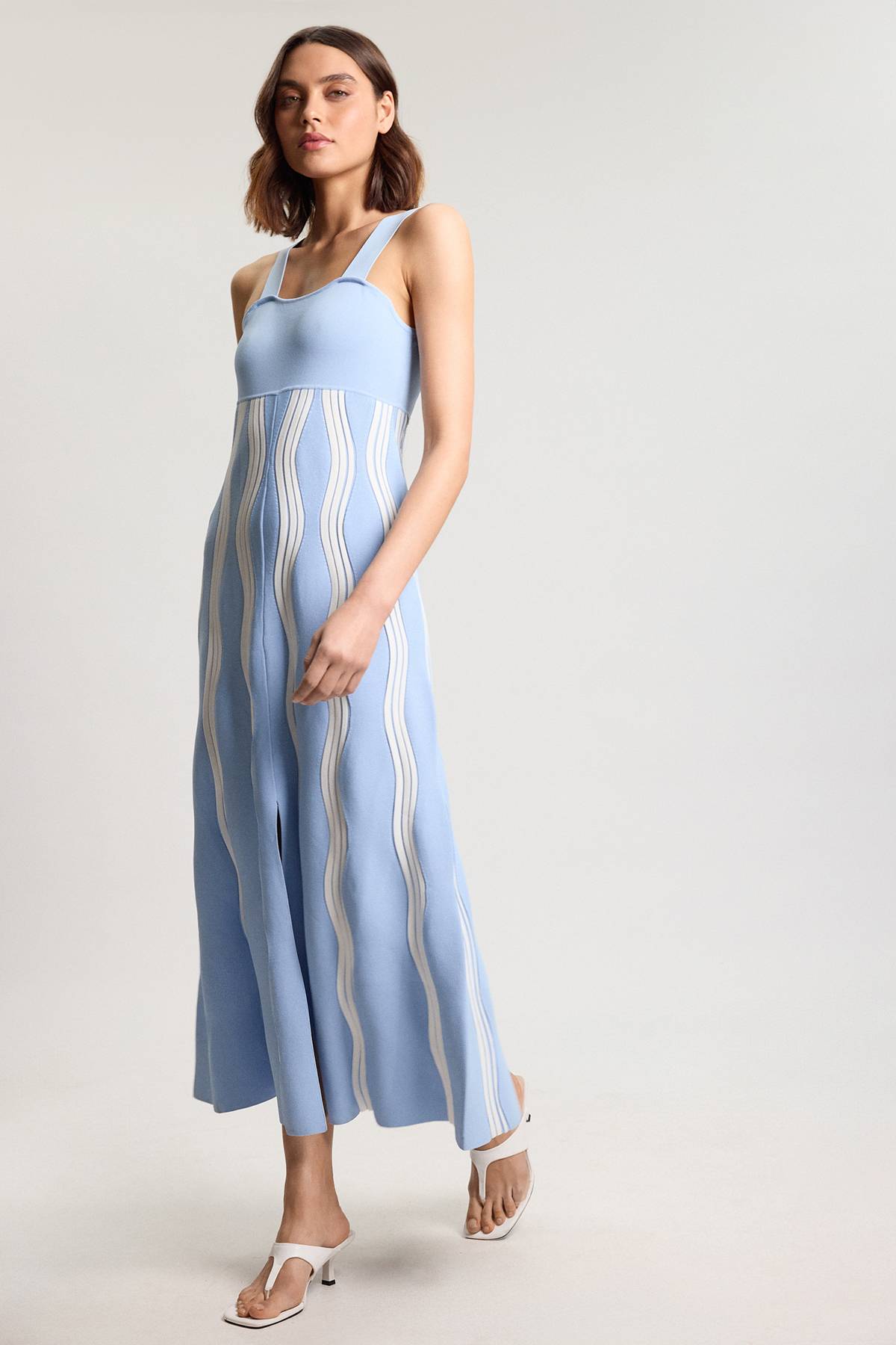 KarenMillen Robe Tricotée À Bretelles Coupe Évasée Motif Vagues Contrastées Petite Taille