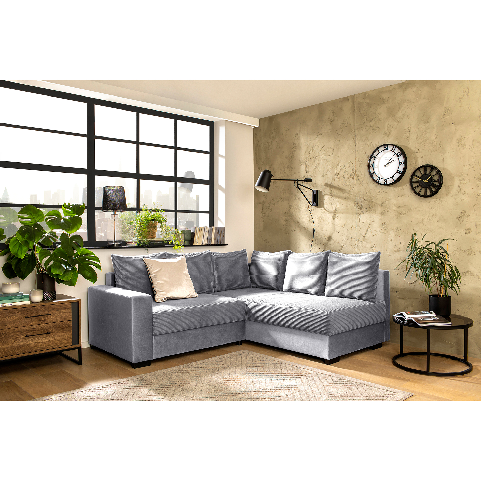 Ecksofa - hellgrau - Cord - Ottomane links