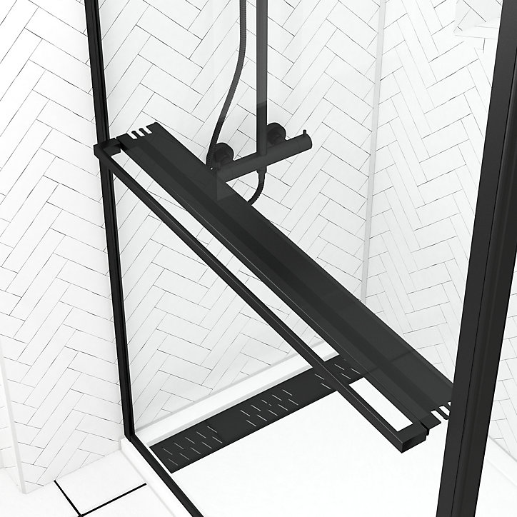 Paroi de douche à l'italienne fixe + volet pivotant 120+40 x 200 cm, noir mat, Galedo Dark Edge Shelf