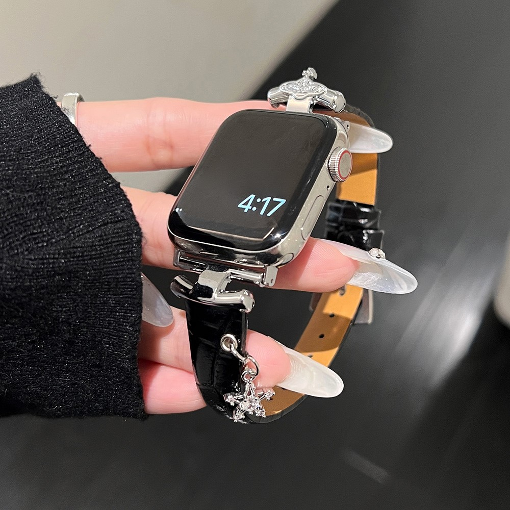 Apple Watch (42/41/40/38 mm) Echtleder Ersatz Armband mit Stern-Anhänger (Gelenkumfang 160 - 220 mm) - Schwarz / Silber