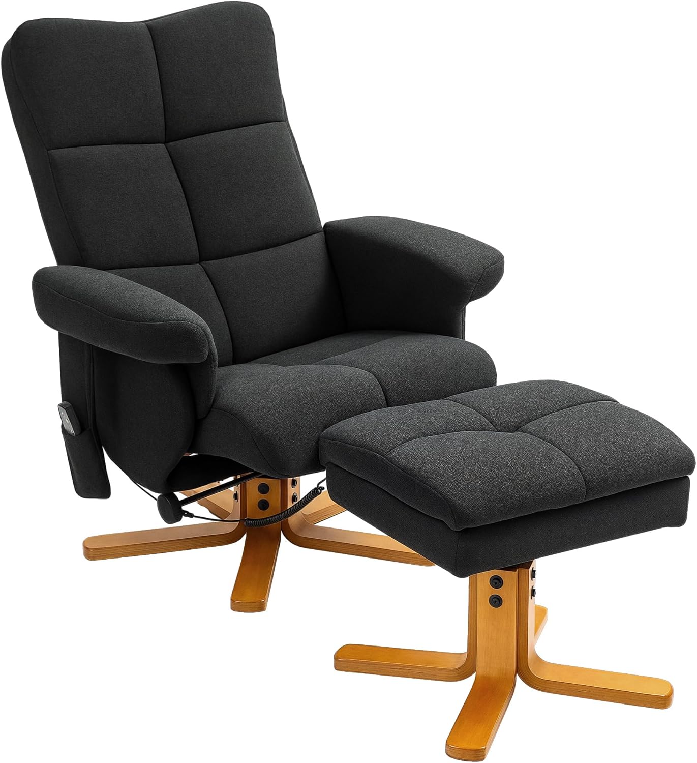 HOMCOM Relaxsessel mit Hocker, 360°drehbarer Fernsehsessel mit Massage, Liegefunktion, Massagesessel mit Seitentasche, TV-Sessel, Polyester für Wohnzimmer Schwarz