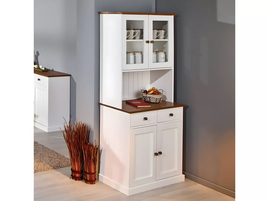SOCOA - Buffet Vaisselier 4 Portes 2 Tiroirs Bois Massif Vernis Sepia et Blanc