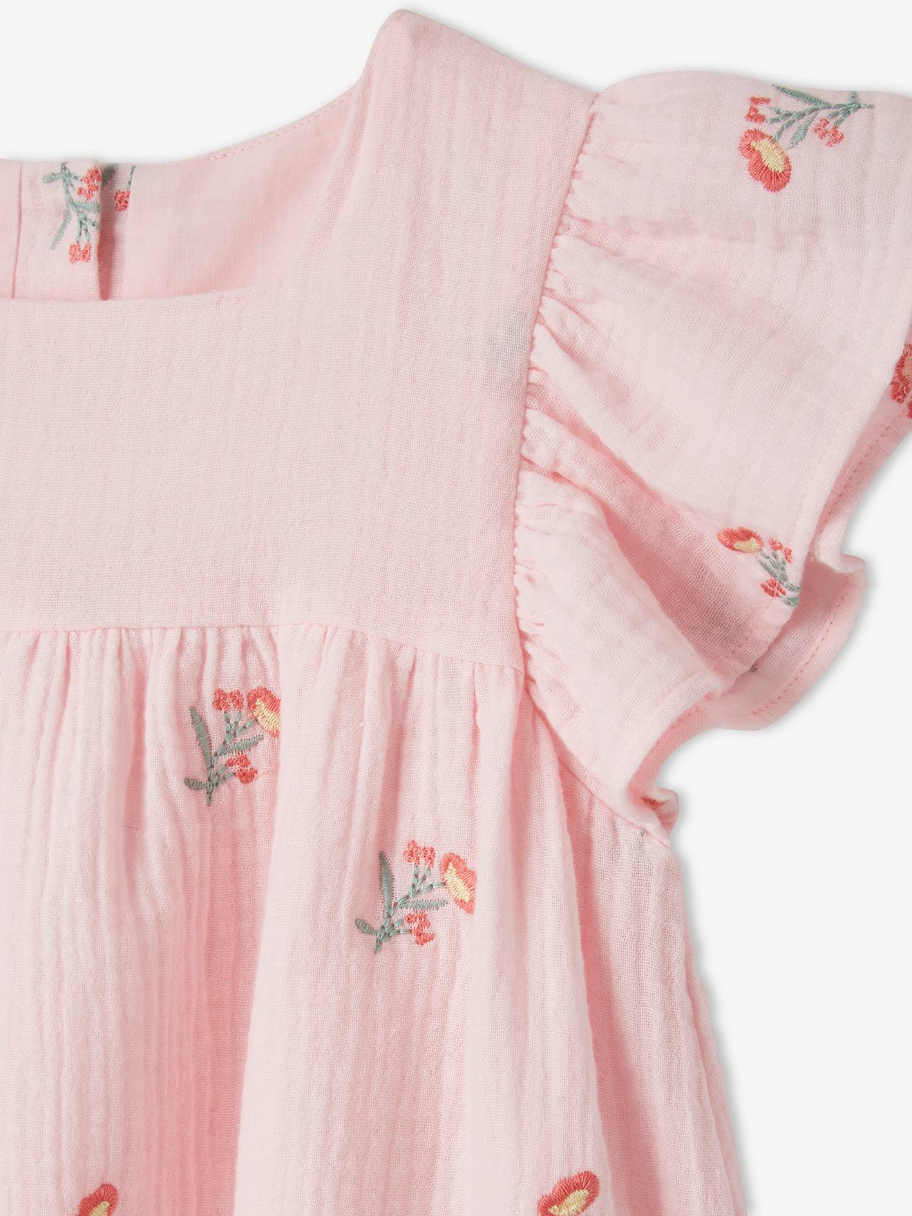 Vestido de chiffon de algodão bordado para meninas, estampa rosa claro.