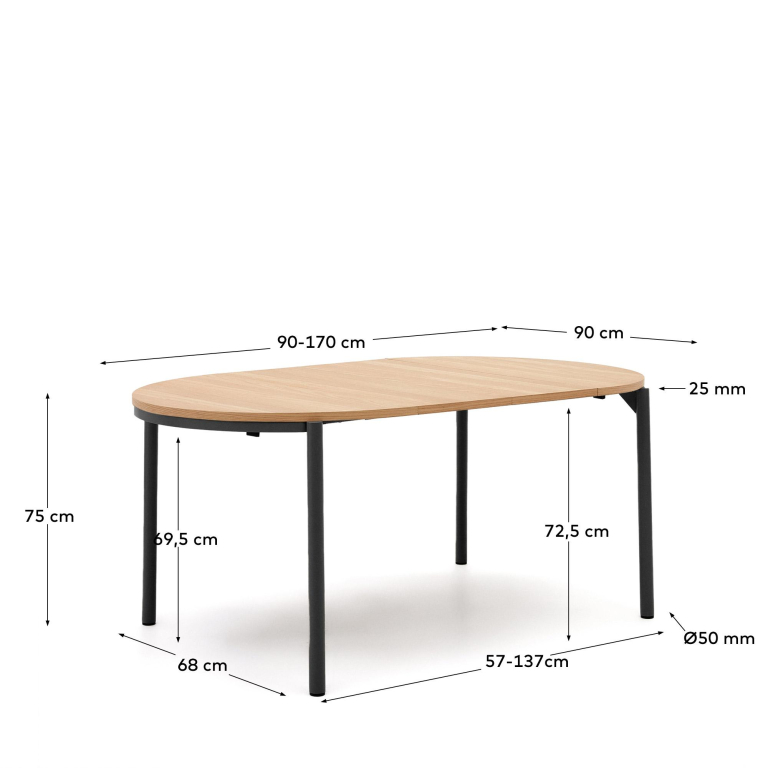 Kave Home Montuiri uitschuifbare tafel 90/120x75 eiken met zwart onderstel