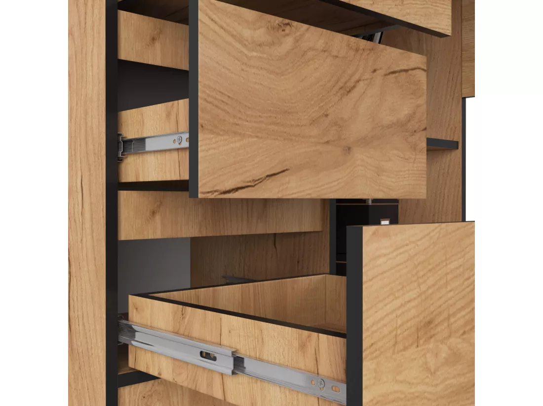 Bureau AKORD d'angle gauche B16 Chêne Craft 124 cm 3 tiroirs façade Chêne Craft 2 étagères 124x85x77 cm