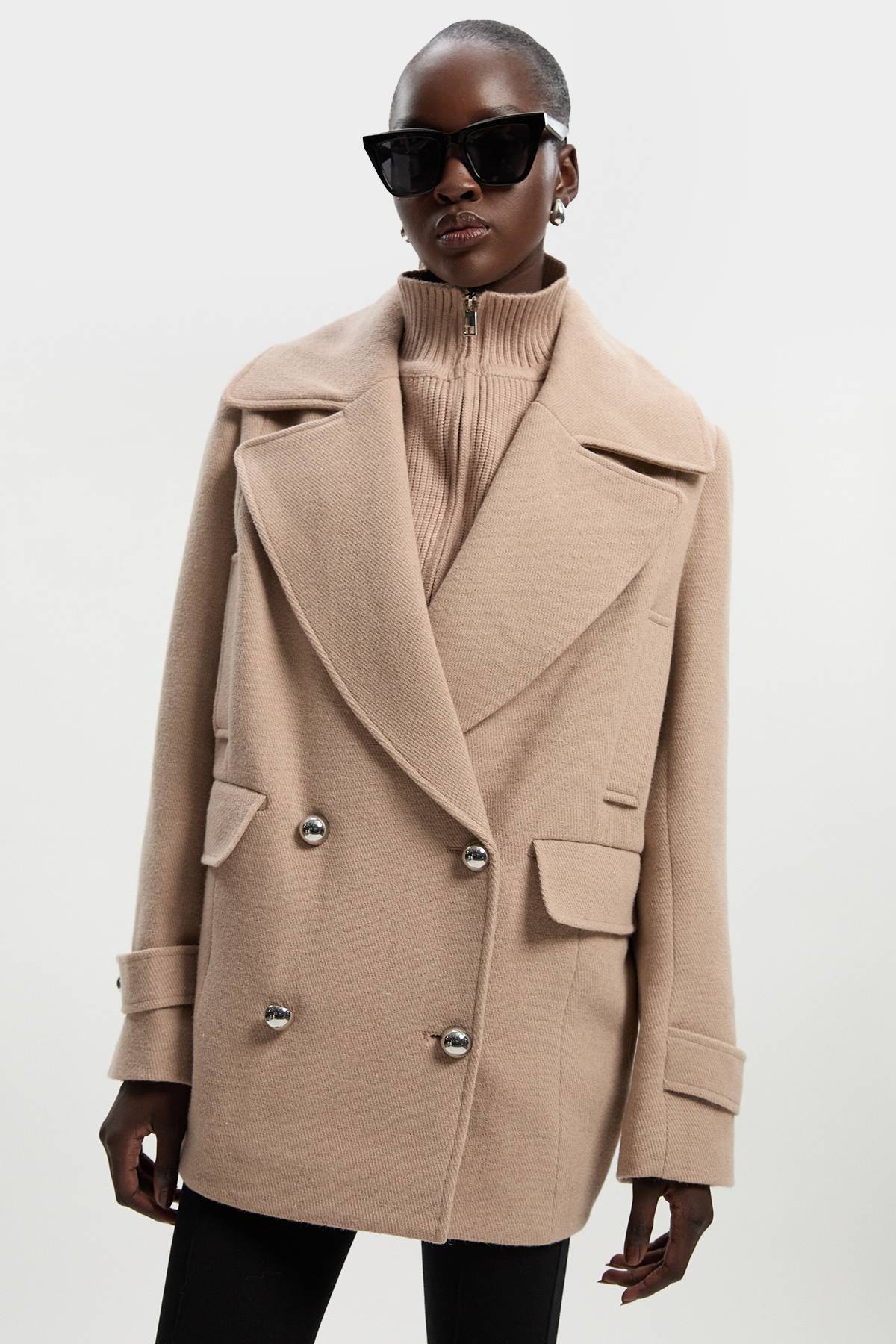 KarenMillen Caban Croisé Ajusté en Laine avec Col Tricoté Amovible