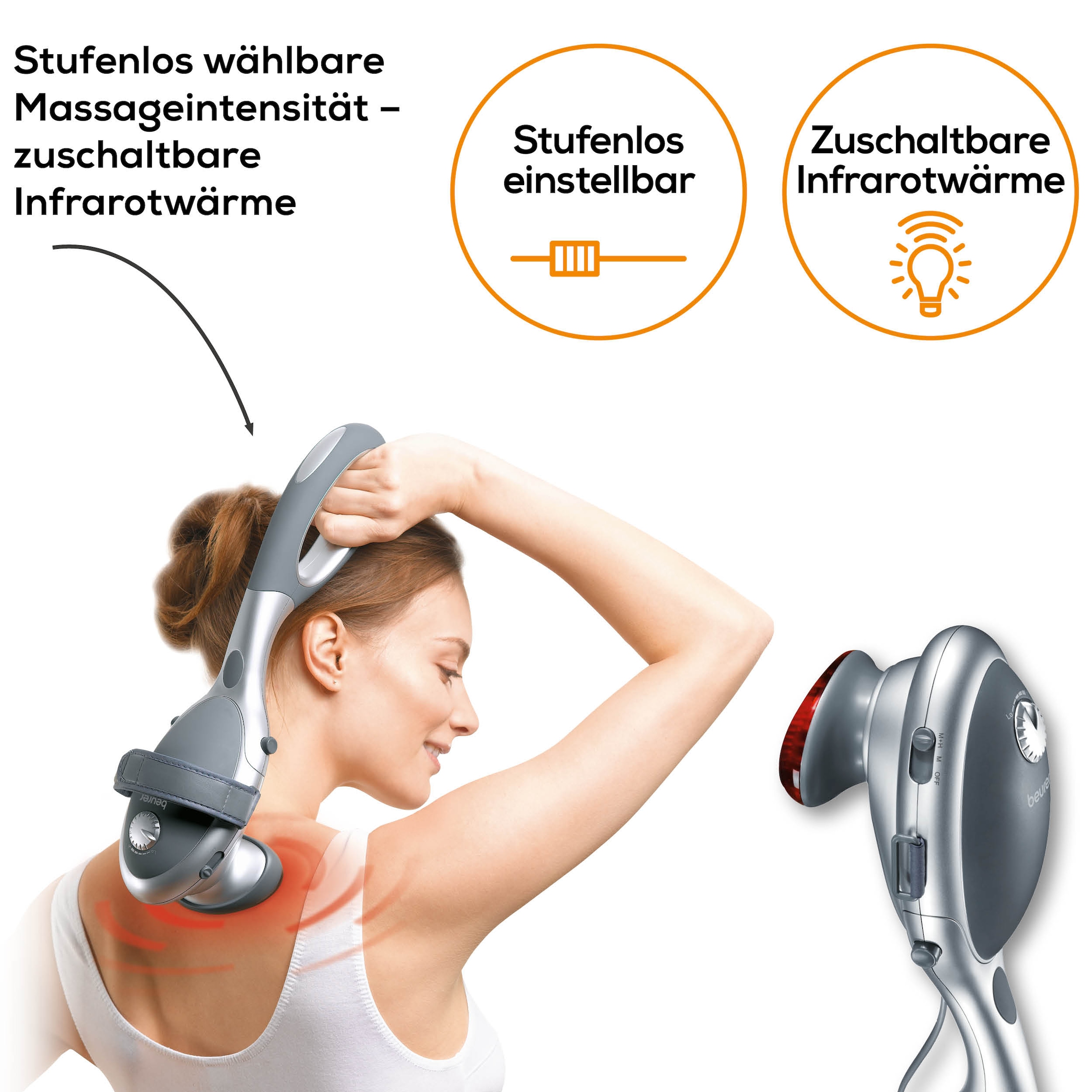 BEURER Massagegerät »MG 70 für eine tiefenwirksame Klopfmassage mit Infrarotwärme« Vielseitig anwendbar mit oder ohne Handgriff, 2 Massageaufsätze