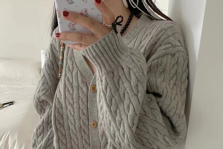 Seoulium - Lange mouwen effen kabelgebreide cropped cardigan