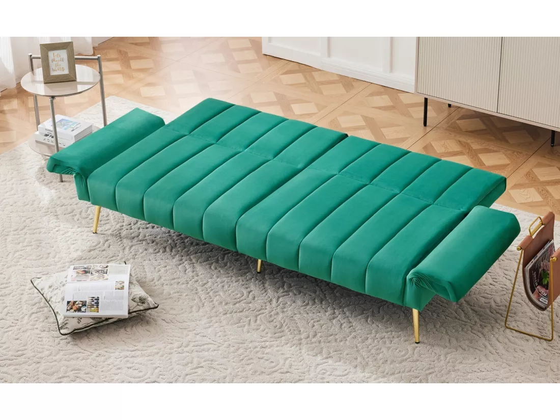 Canapé 4 places convertible express en velours vert, avec pieds auxiliaires, Couchage 220x104cm, charge max 150kg, 183x76x75cm