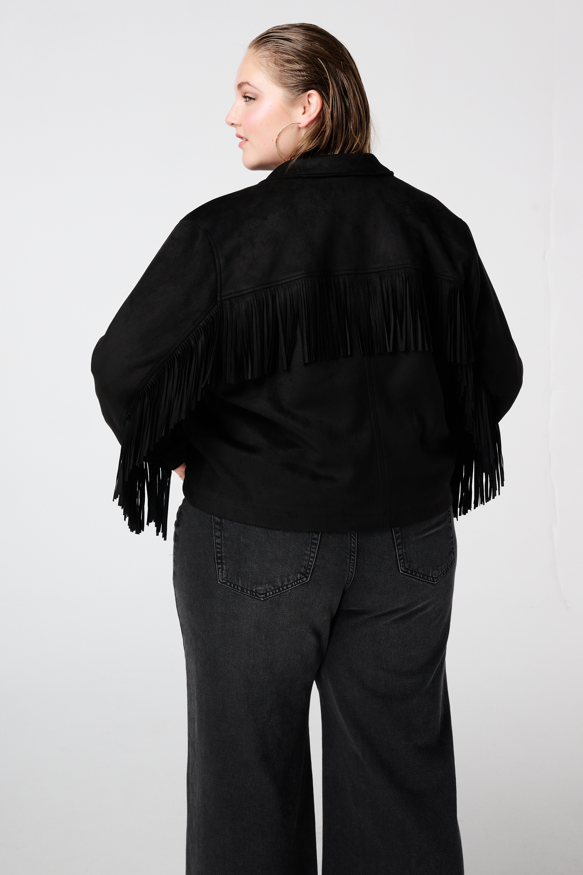 Suèdine jacket met franjes Zwart