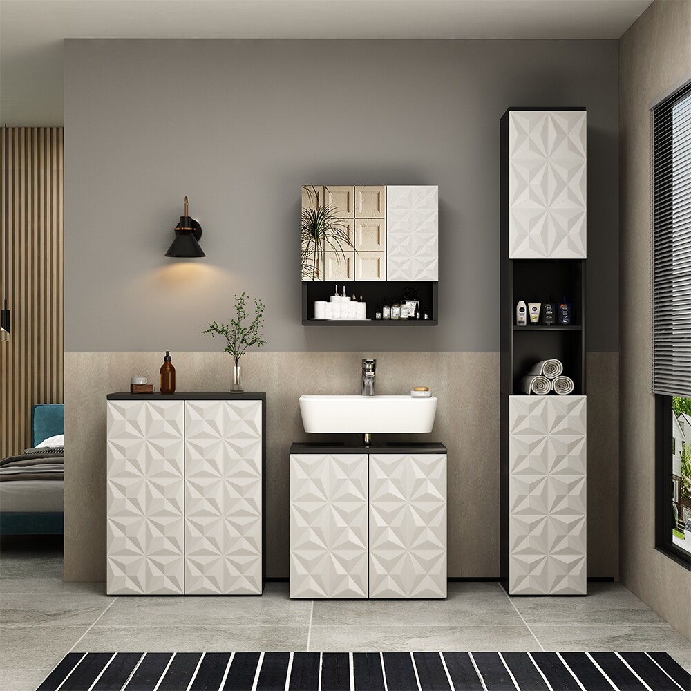 Vicco Badschrank Badezimmerkommode Badezimmermöbel Edge Schwarz Weiß modern 60x80 cm Badezimmer Schrank Badmöbel 2 Türen 3 Fächer