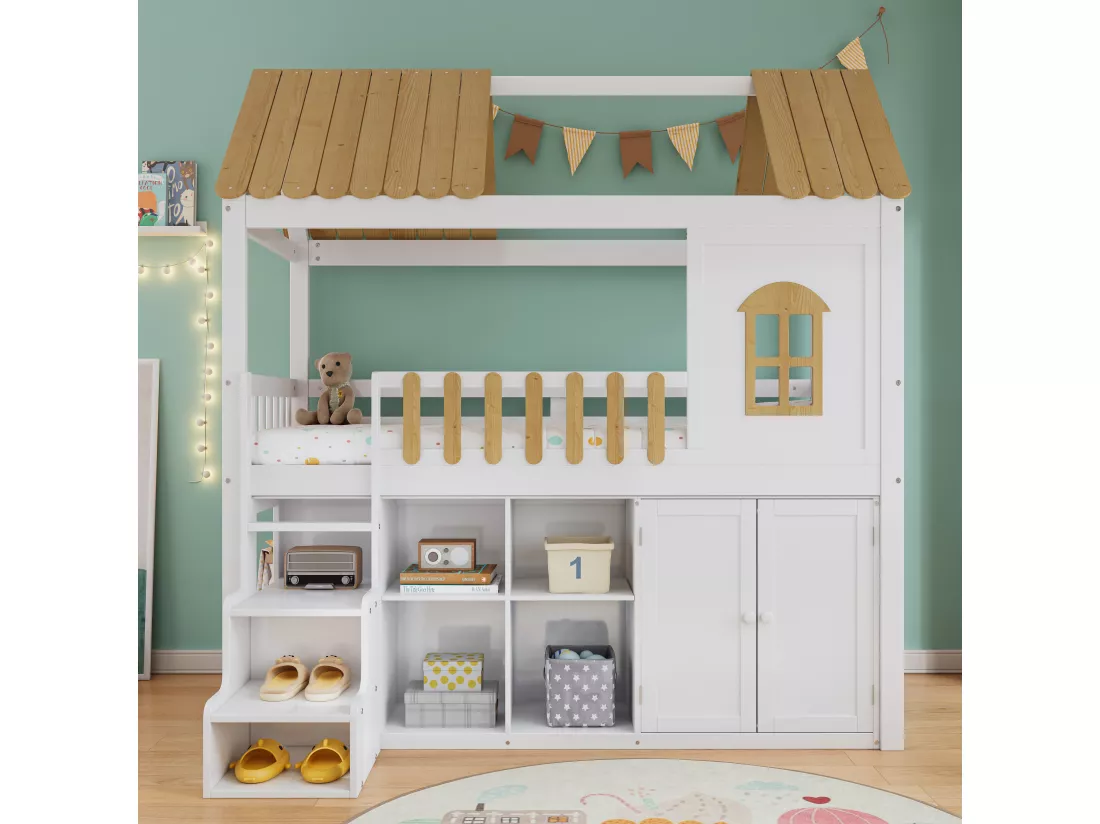 Lit mezzanine 90 x 200 cm avec armoire, 2 portes et toit - pin + MDF - blanc + naturel (sans matelas)