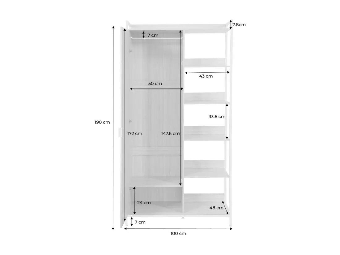Module dressing blanc avec 1 penderie. 6 étagères et 1 porte. L 100 x P 48 x H 190 cm