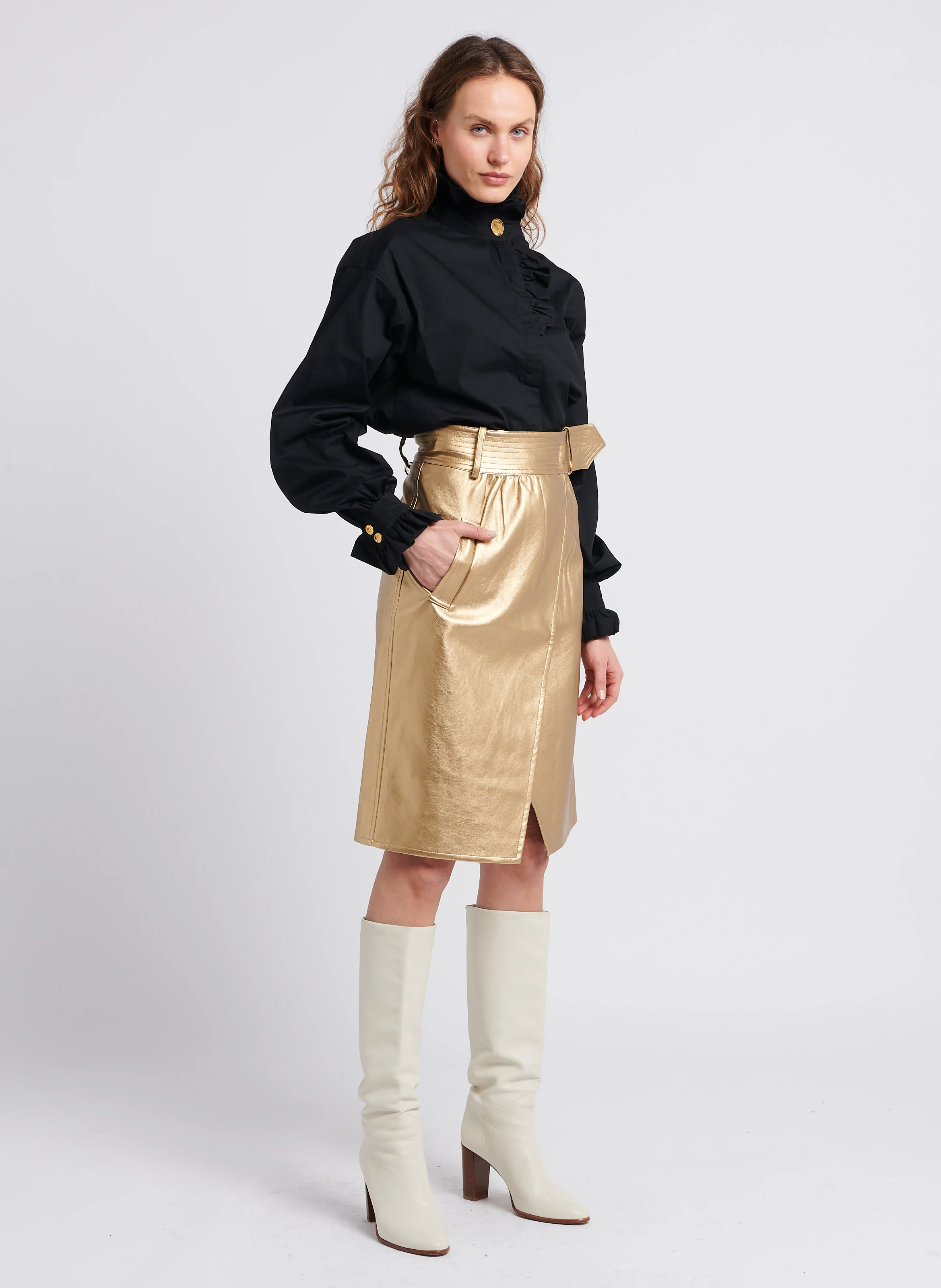 PIXIE - Jupe portefeuille taille haute | Doré