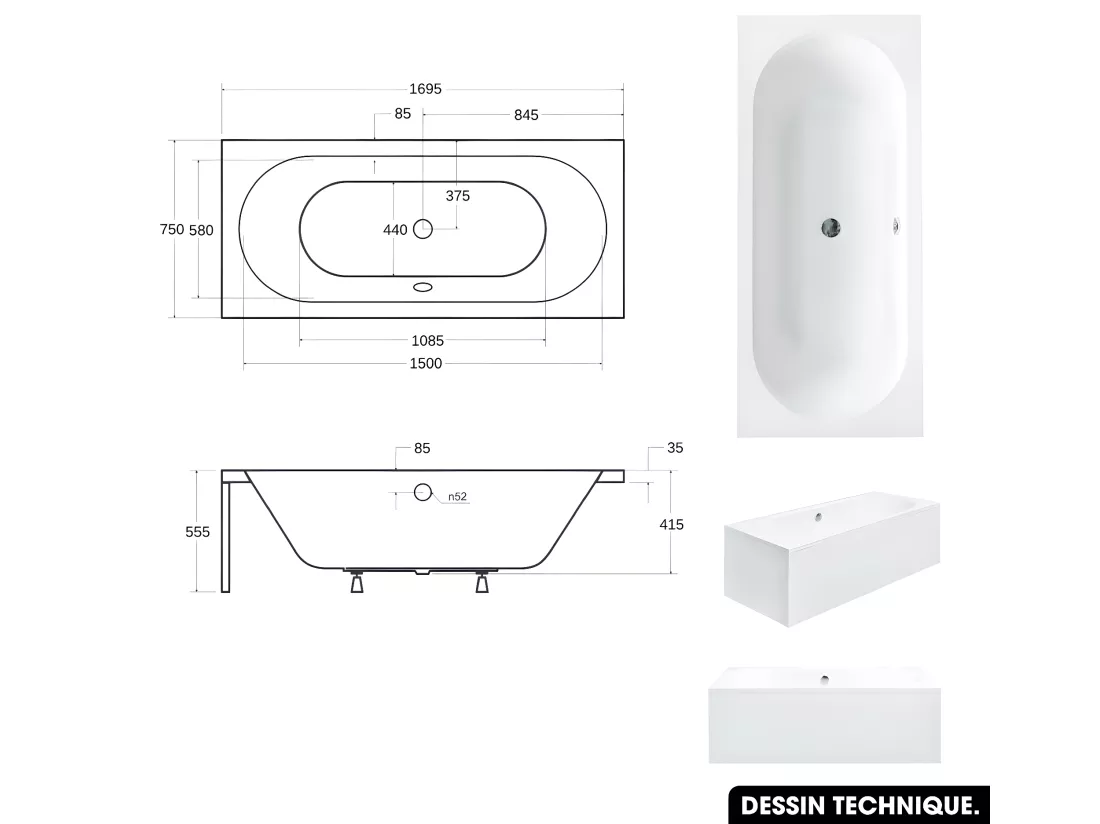 Baignoire rectangulaire - avec Tablier Blanc et Repose Tête OFFERT | VITAE | 170 x 75 cm