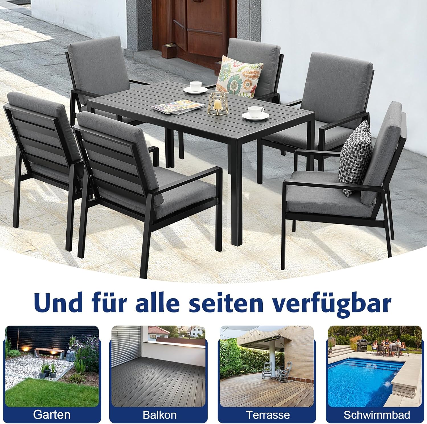 Atenza Gartenmöbel Set 6 Personen, 6+1 Aluminium Tisch und Stühle Set, 6 Sessel, 1 WPC Esstisch, inkl. Auflagen, Wetterfest Terrassenmöbel für Garten Terrasse Balkon (Schwarz, 6 Sessel+1 Esstisch)