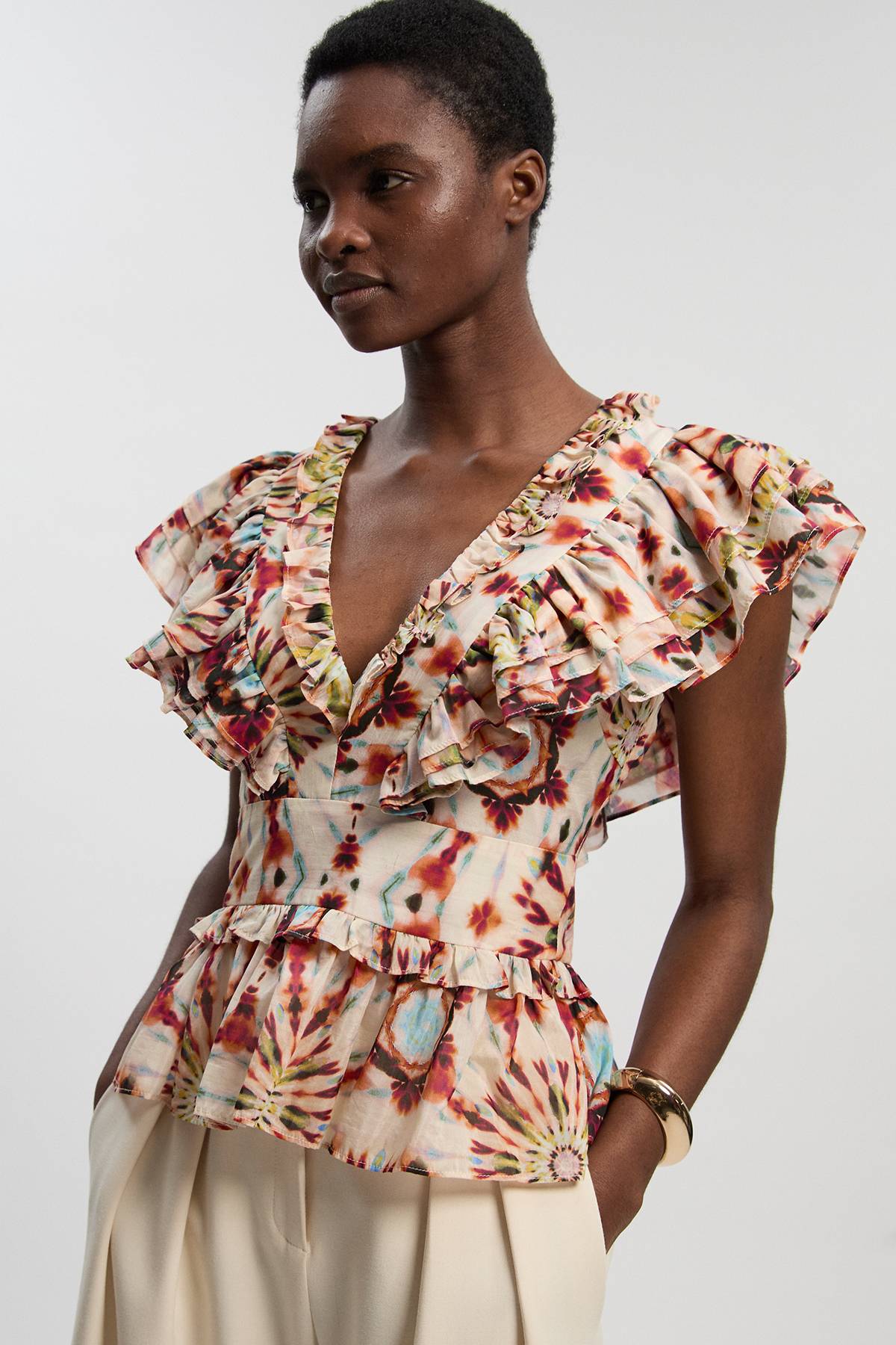 KarenMillen Haut Tissé À Imprimé Carreaux En Soie-coton Avec Détail De Volants