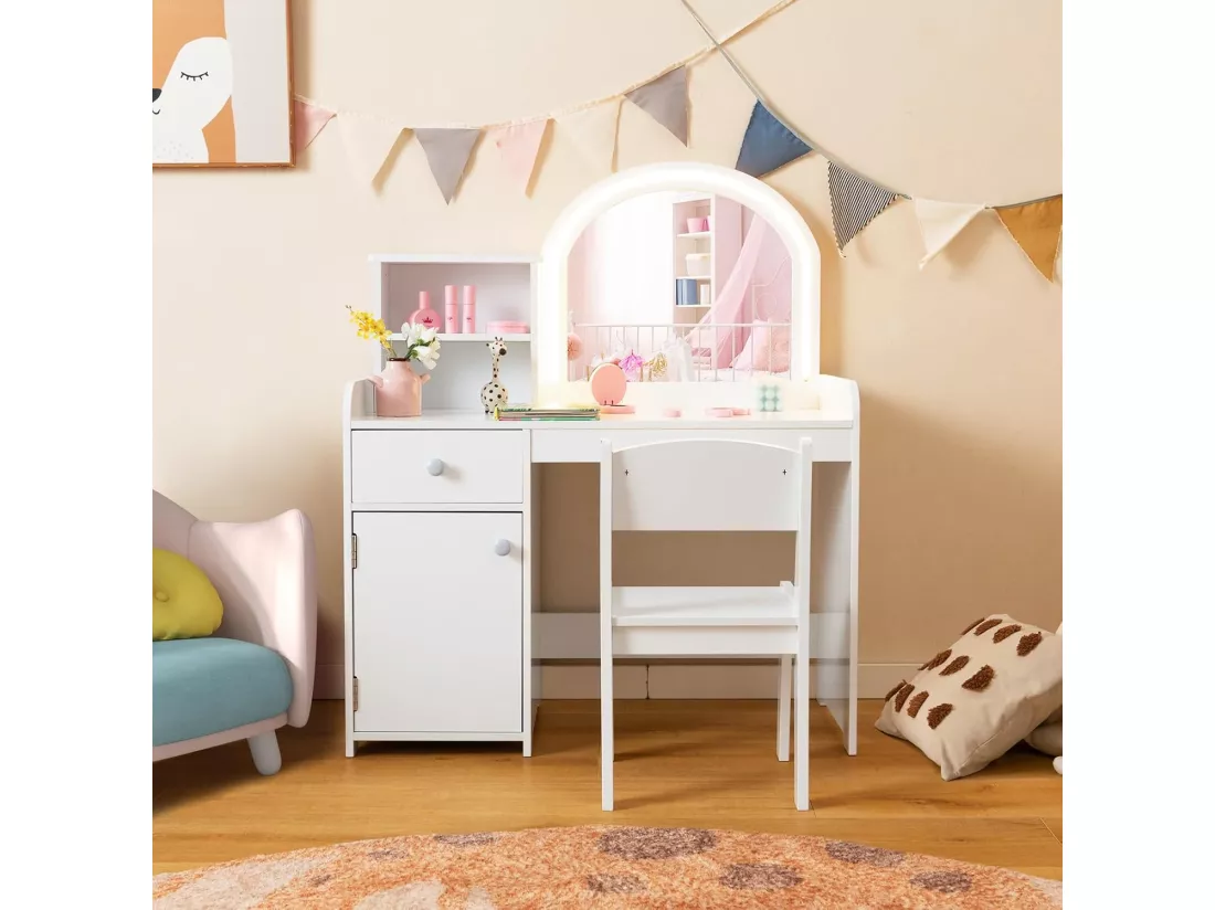 2 en 1 Bureau Enfants avec Chaise & 120 Lumières LED, Coiffeuse Enfants Fille avec Miroir Acrylique, 2 Etagères & Tiroir, Dispositif Anti-basculement, Charge 50kg pour Enfants de 3 Ans+