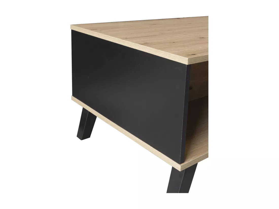 Table basse rectangulaire industriel effet bois et noir rangement 3 cotés 100x60x43cm TRONNEALL