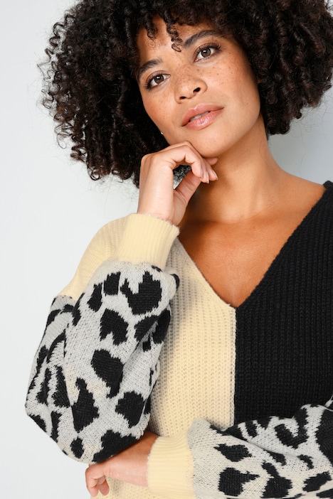 Long-Pullover, oversized, Rippstrick, Leo-Ärmel, V-Ausschnitt
