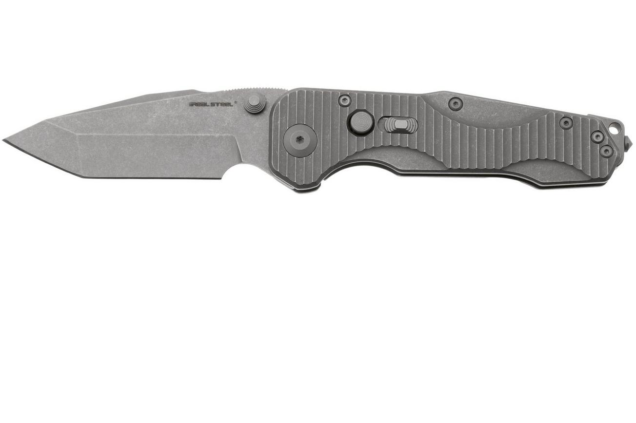 Real Steel Evolution 9912 Frame Lock & Button Unlocking Heavy Duty Tactical Knife, Stonewashed Tanto S35VN, Titanium, zakmes