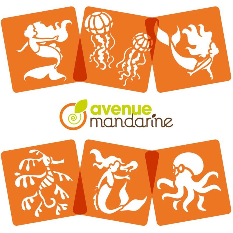 Set de 6 pochoirs enfants, Sirènes et créatures marines - Orange