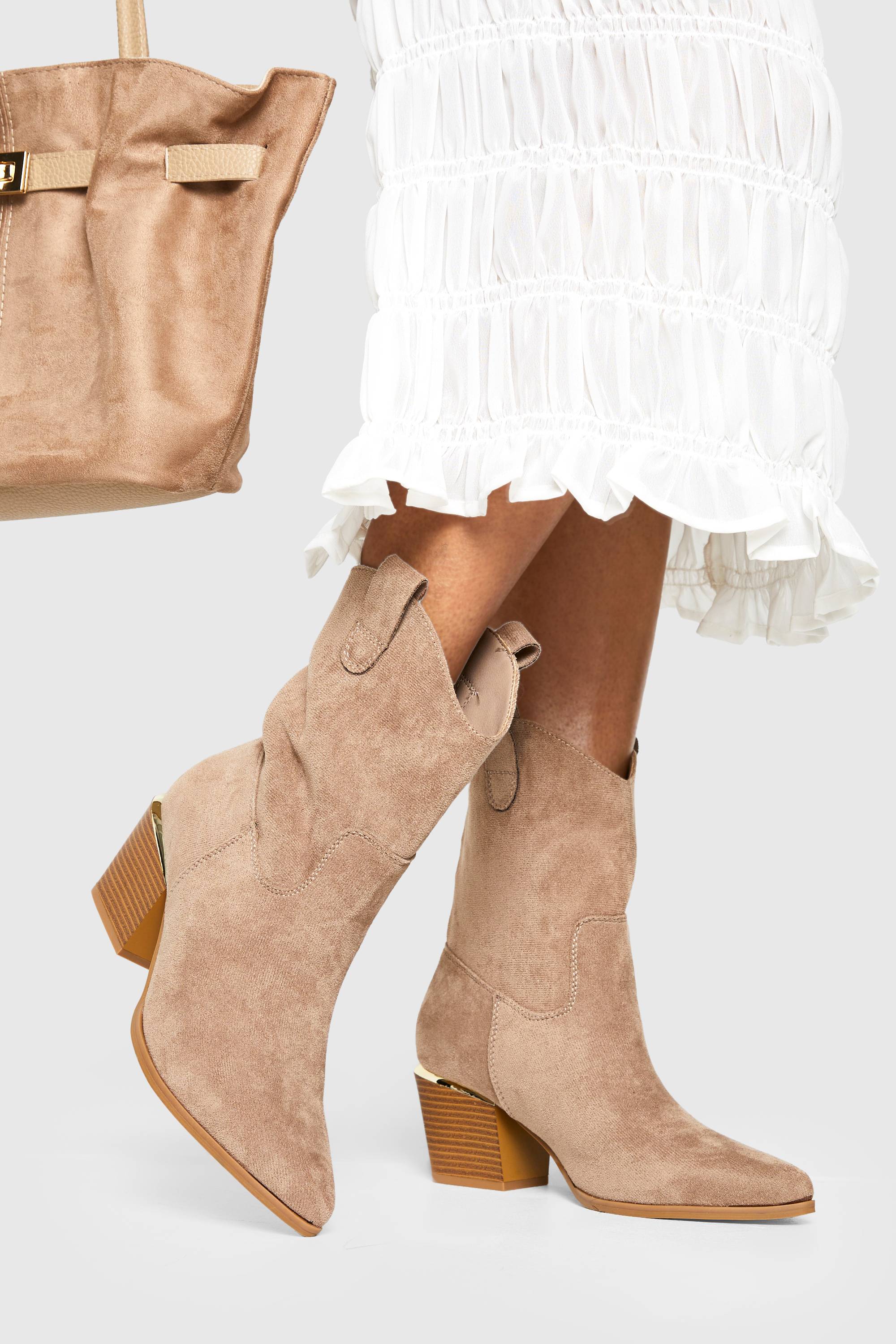 boohoo Faux Suede Bottes Western Mi-Mollet
