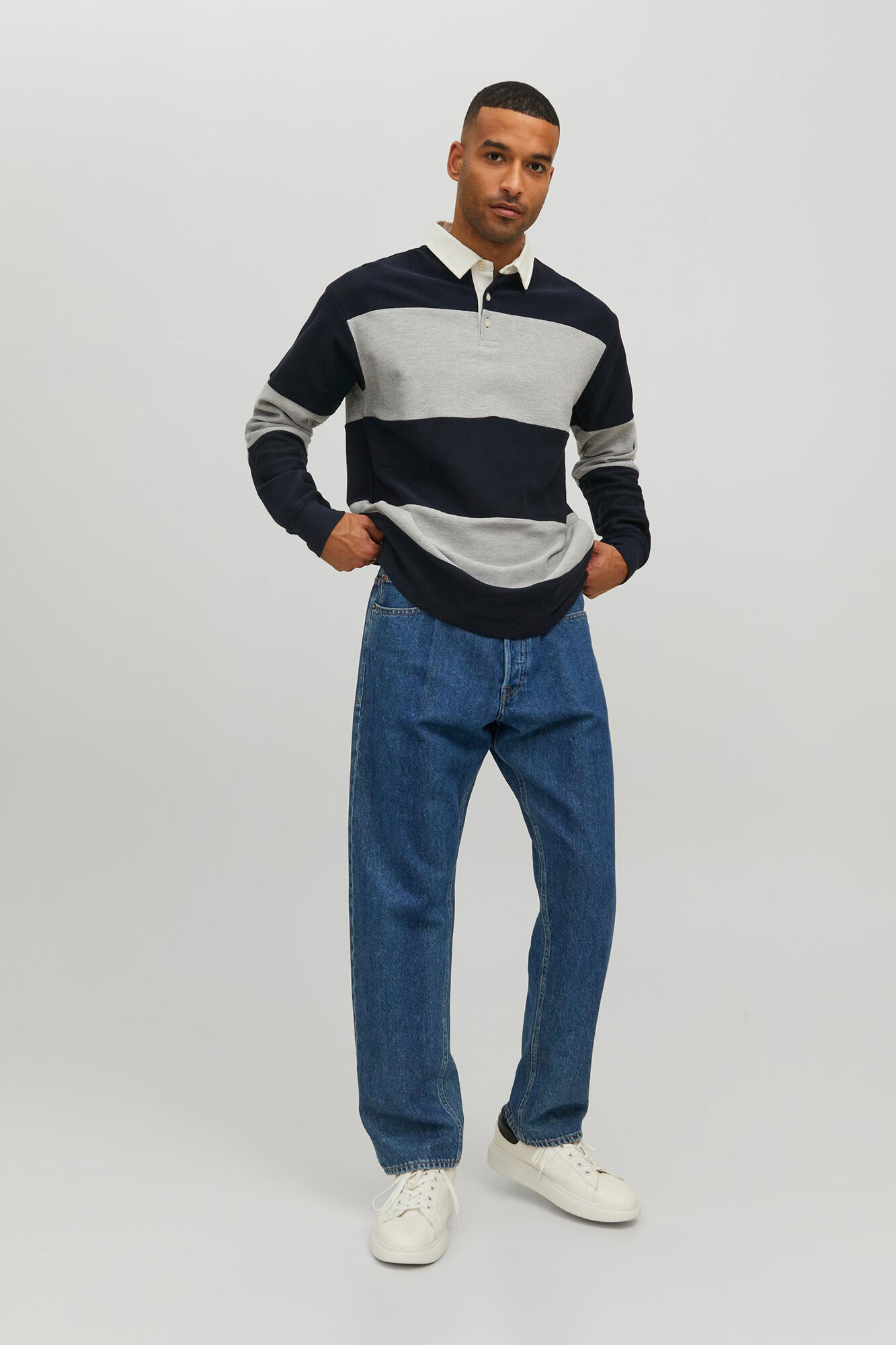 Polo listrada de manga comprida - Azul