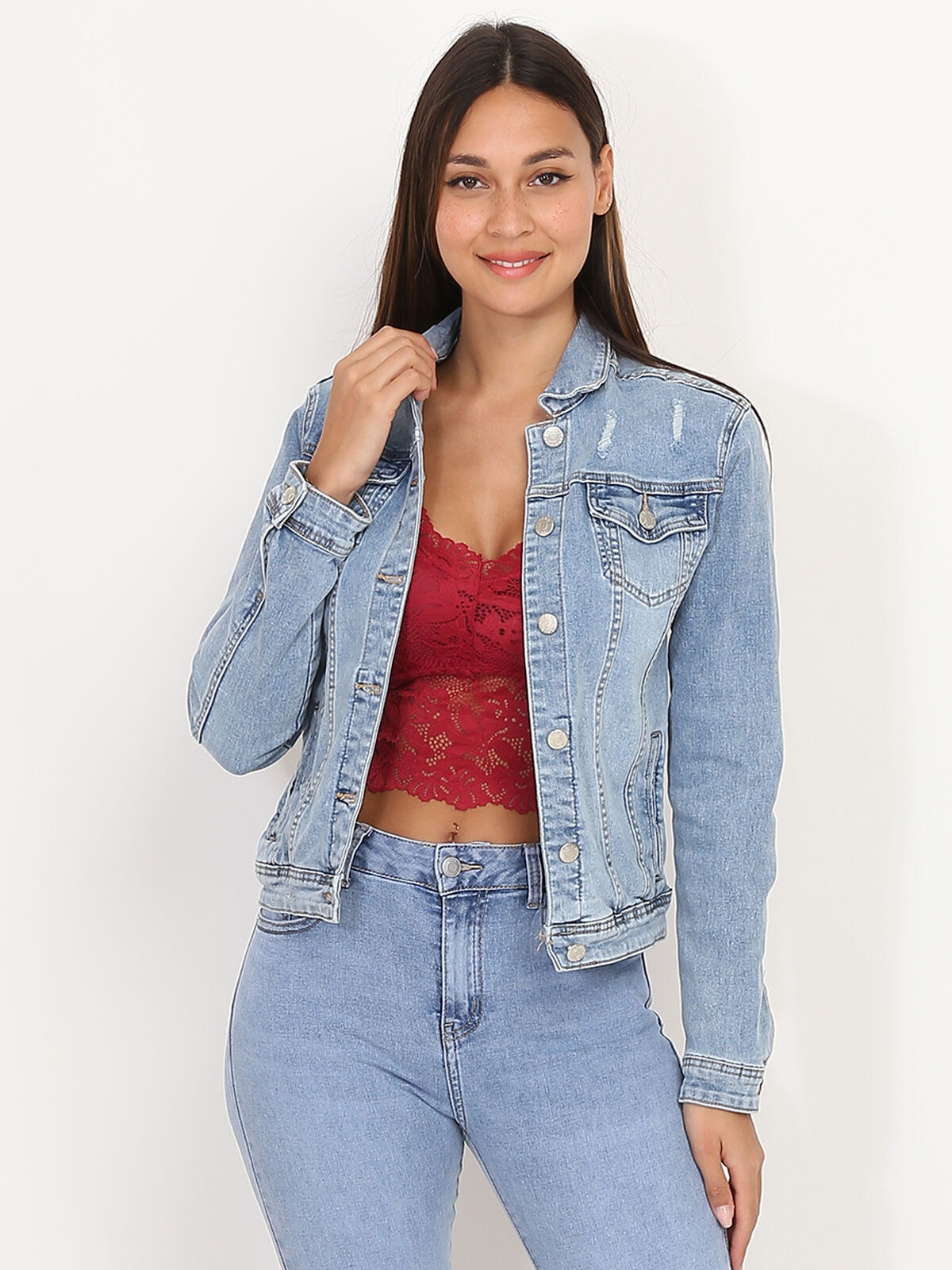 Veste courte en jean déchiré- Bleu