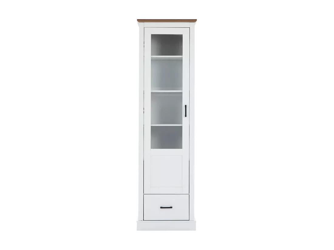 Vitrine LED avec port et tiroir USB télécommande 16 couleurs sur pied avec décor bois armoire de présentation à 5 compartiments MDF blanc