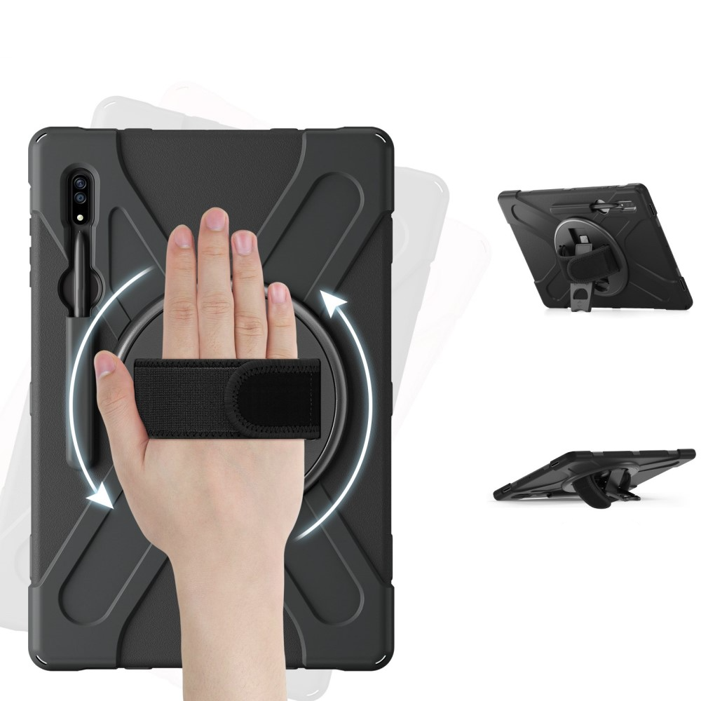 Samsung Galaxy Tab S8 Ultra Hybrid Outdoor Silikon Case Hülle mit Aufsteller und Handschlaufe und Schultergurt - Schwarz