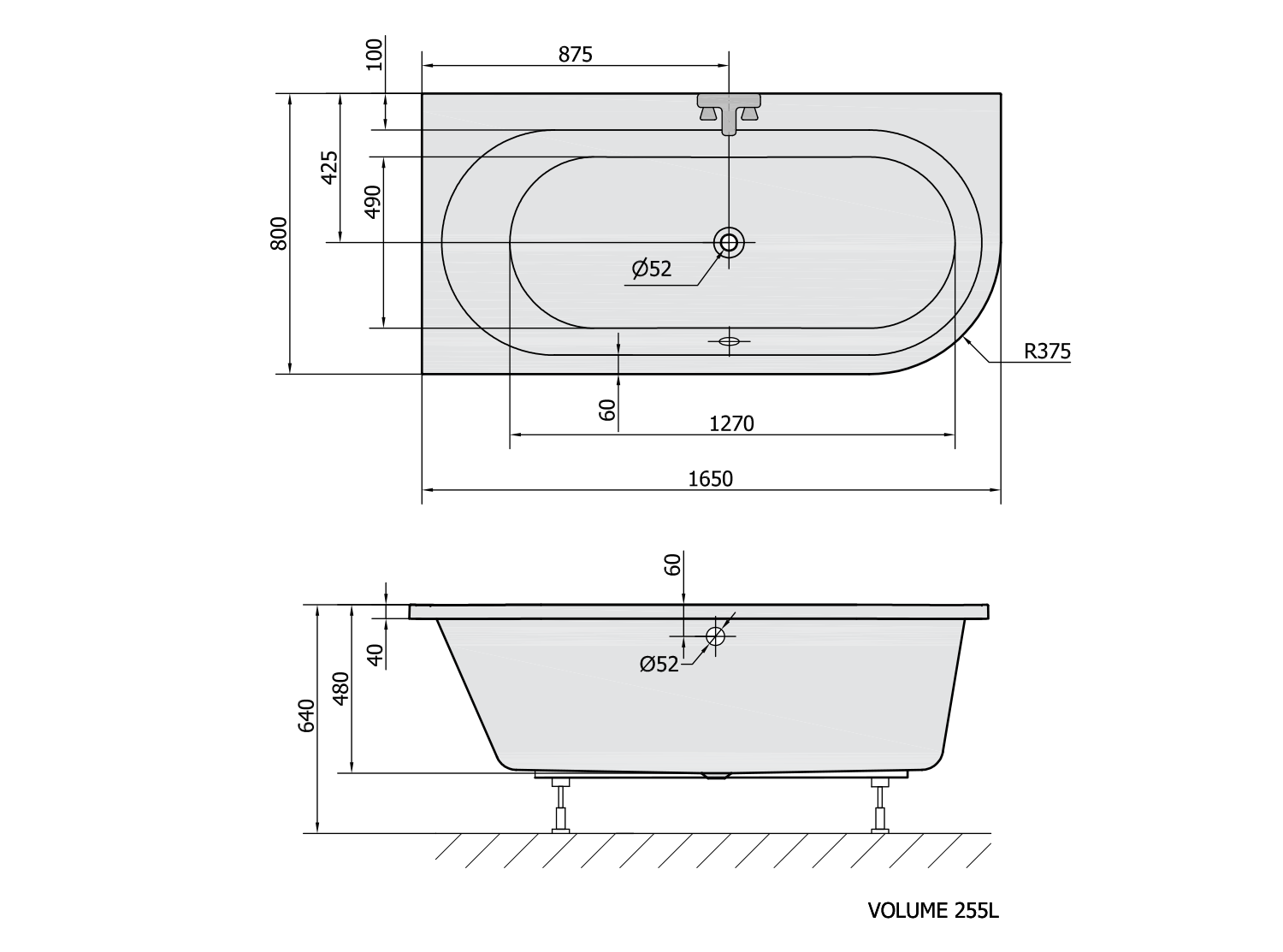 Polysan Astra asymmetrisch bad links 165x80x48cm wit