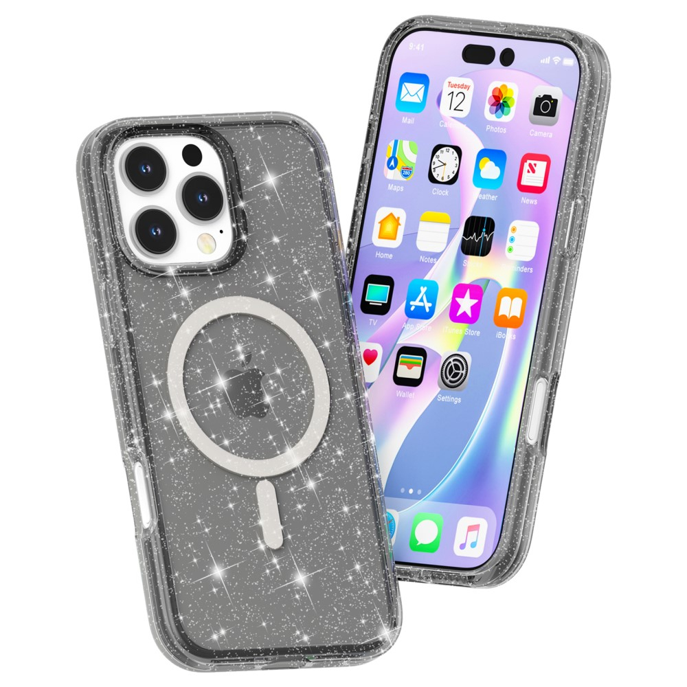 iPhone 16 Pro MagSafe Hybrid Hardcase Schutzhülle im Glitzer Design - Schwarz / Transparent