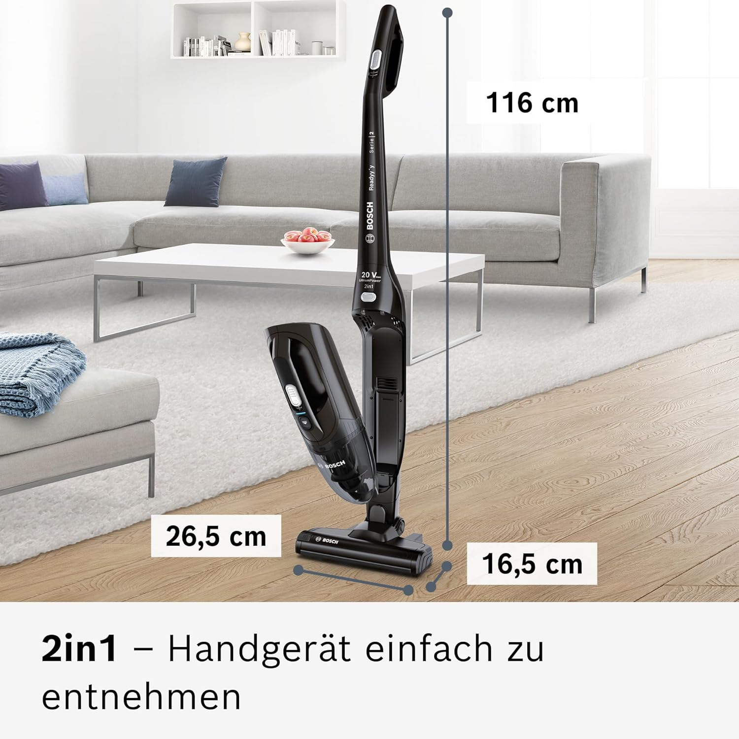 Bosch Akku-Staubsauger Readyy'y 2in1 Serie 2, 20Vmax, kabellos, beutellos, abnehmbares Handgerät, hohe Saugkraft, Lange Laufzeit, 2 Stufen, freistehend, schwarz, BBHF220