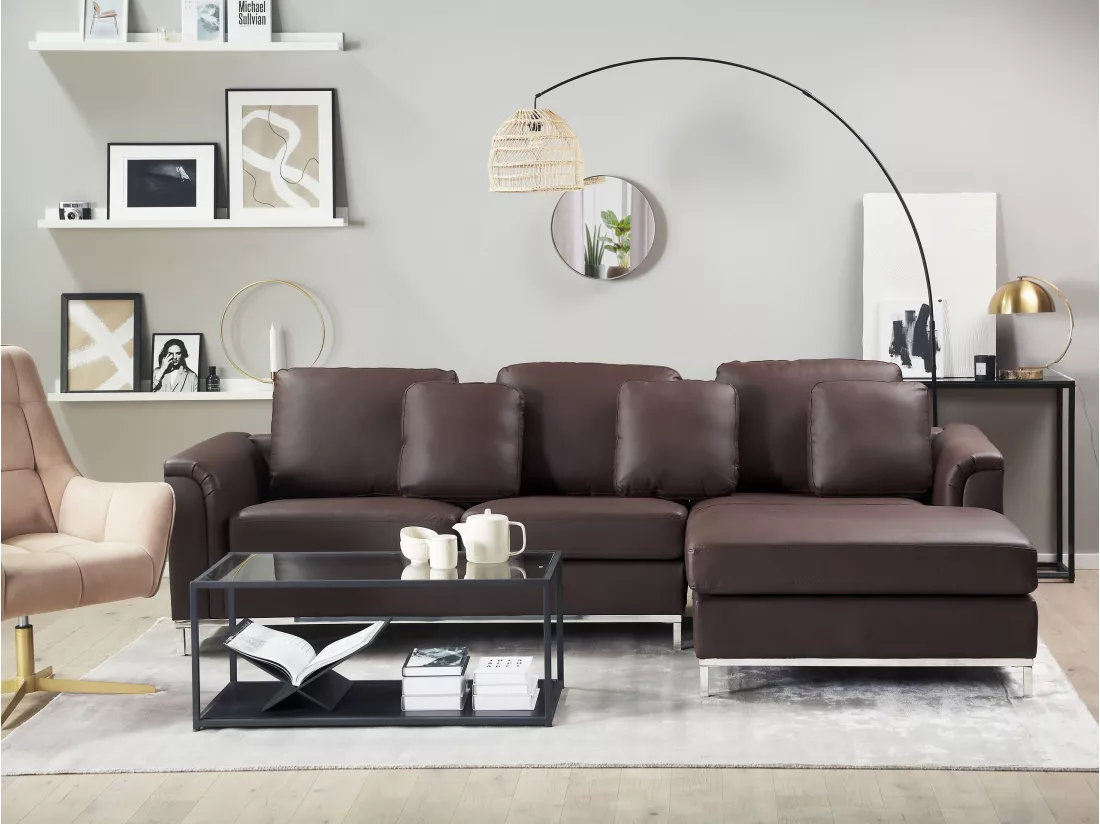 Canapé Angle à droite en Cuir Véritable Marron Dossier Matelassé Housses Amovibles Oslo