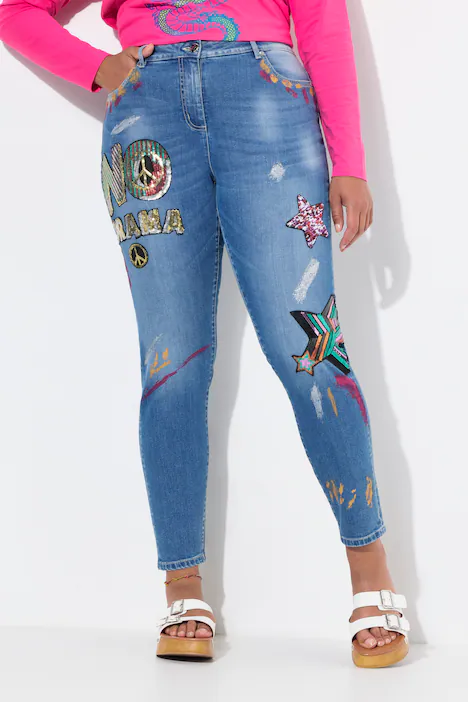Slim-Fit Jeans, bequeme Passform, Patches, 5-Pocket, blue denim