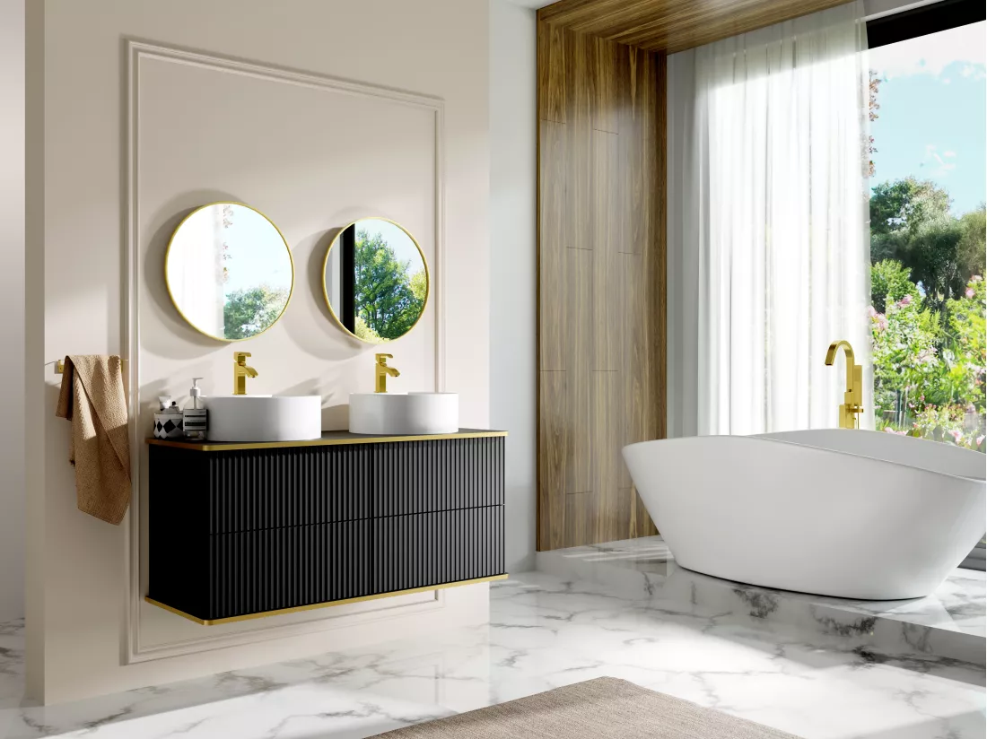 Meuble de salle de bain suspendu strié liseré doré avec double vasque à poser ronde - Noir - 120 cm - KELIZA