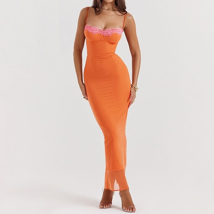 Bolgivy - Maxi-bodyconjurk met spaghettibandjes en kanten rand