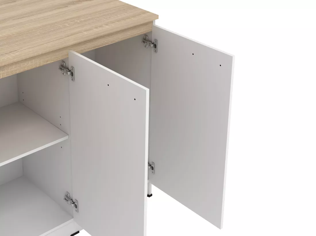 Ensemble îlot central de cuisine + 2 tabourets - Blanc et Naturel clair - NUSICE
