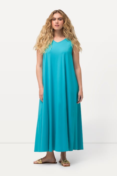 Jersey-Maxikleid, A-Linie, V-Ausschnitt, ärmellos