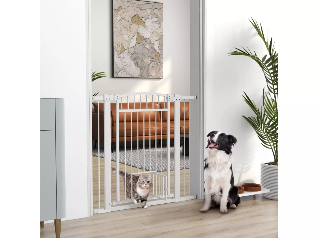 Barrière de sécurité pour chien - barrière à pression ajustable - 2 portes verrouillables - acier blanc