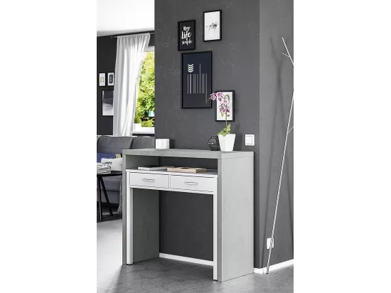 Bureau Damodi, Bureau avec plateau extensible, Bureau PC avec 2 tiroirs, 99x36h88 cm, Ciment et Blanc