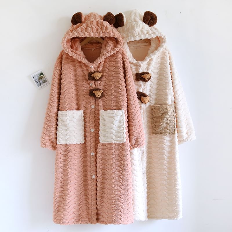 MelMount - Hooded Coral Fleece Bear Button Robe