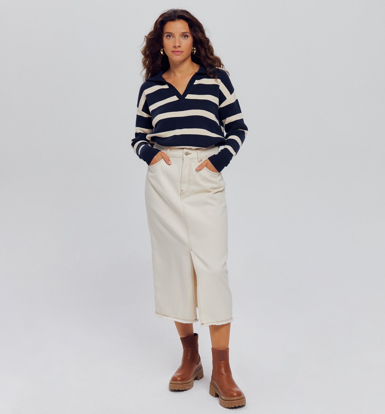 Pull marinière ctelé Femme - Rayé écru