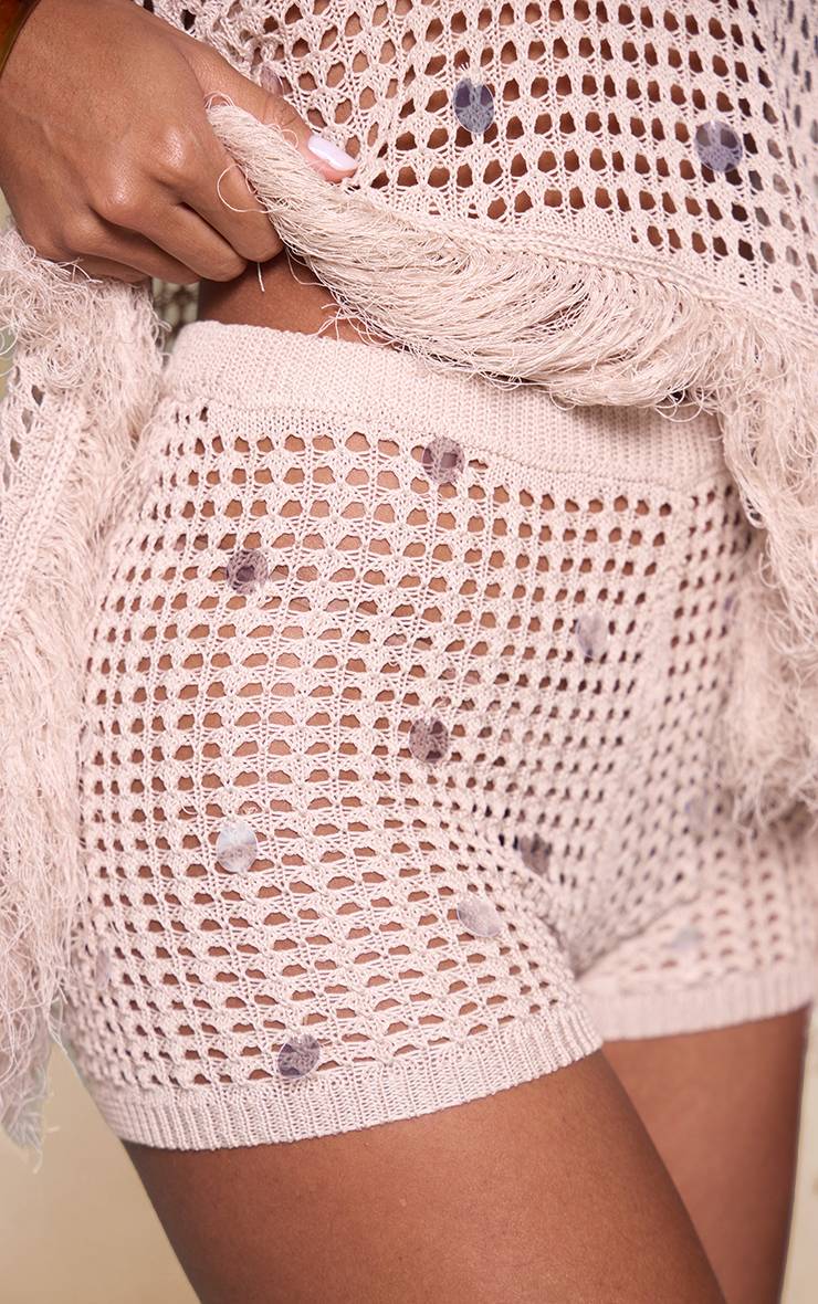 Taupe Short En Maille À Sequins