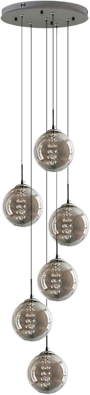 Pendelleuchte esstisch Pendellampe Höhenverstellbar kugel Hängeleuchte 6-Flammig aus Glas in Farbe Grau Küchen Wohnzimmerlampe Schlafzimmerlampe Flurlampe
