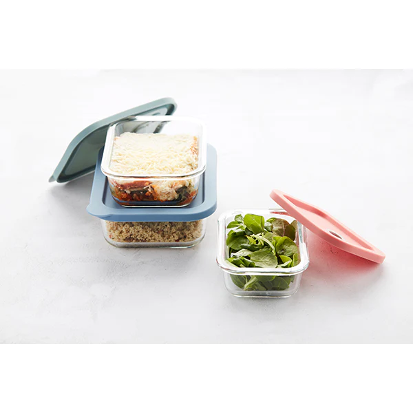 Boite rectangle en verre avec couvercle en silicone bleu 1 L Point Vir