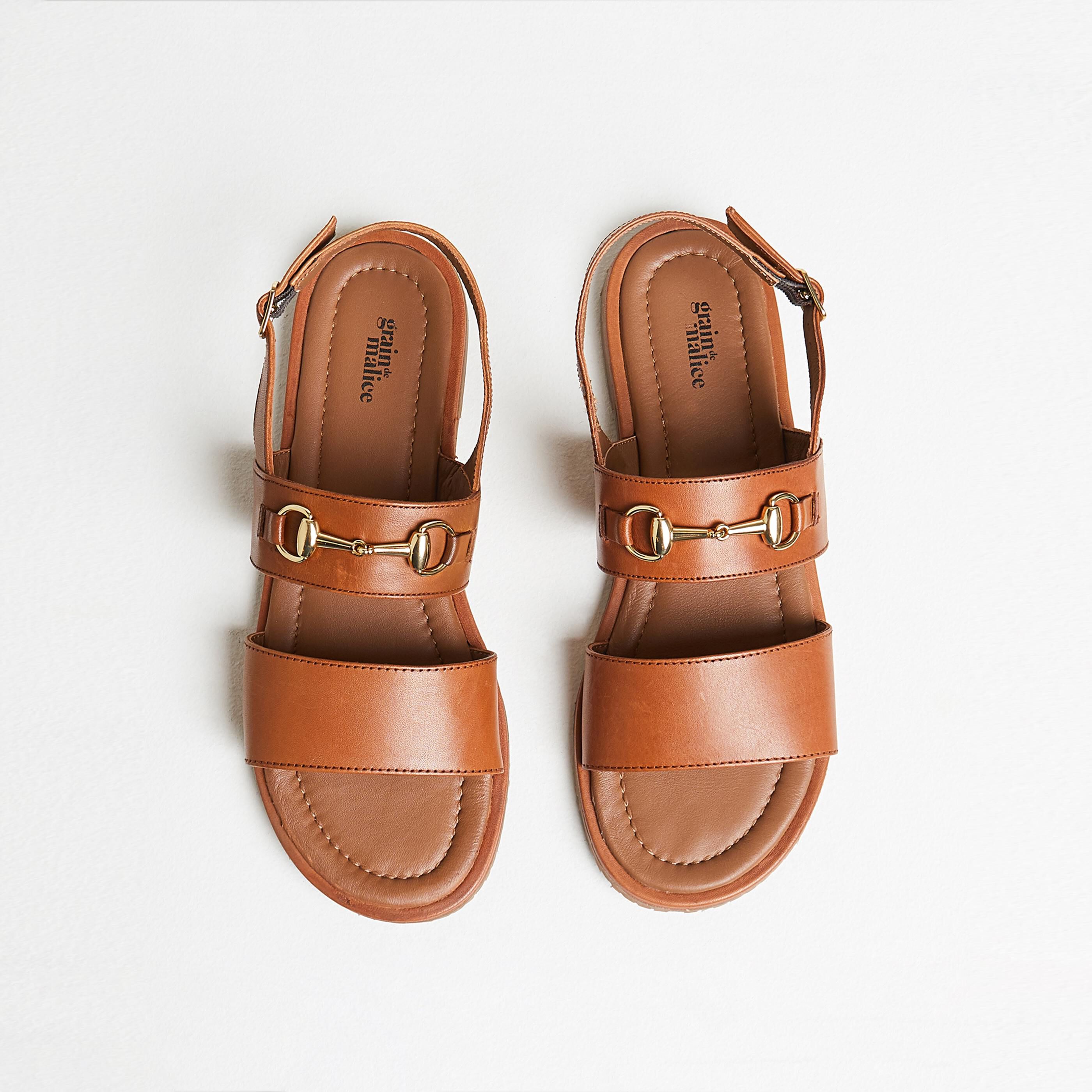 Sandales plates en cuir femme - CAMEL