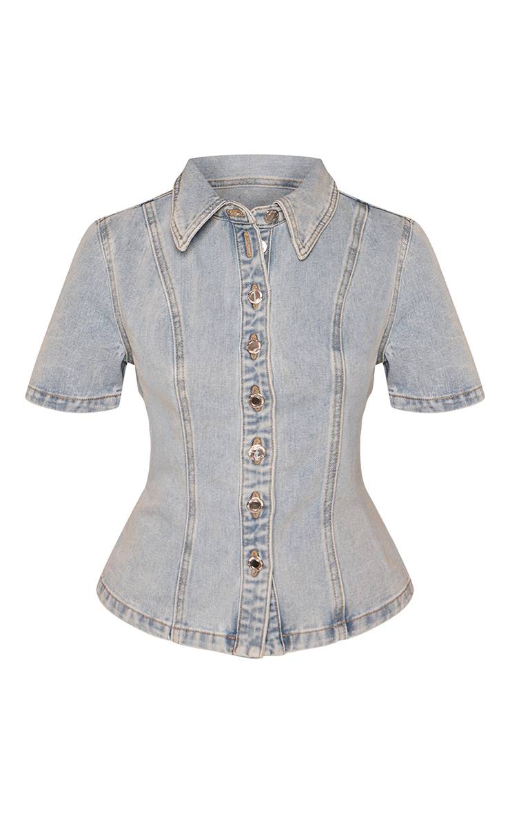 Bleu Clair Chemise En Denim À Manches Courtes Boutonnée Petite Taille